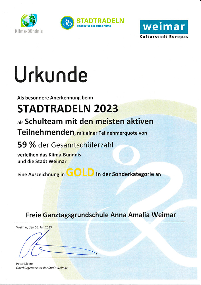 Urkunde Stadtradeln, Schulradeln